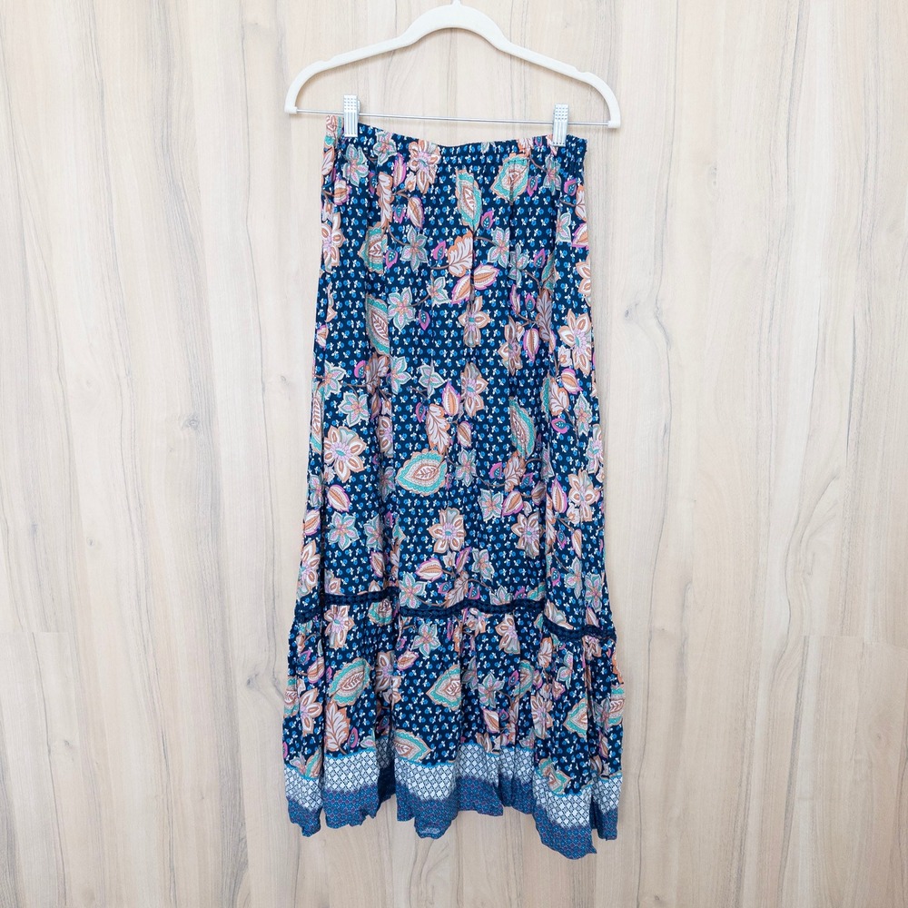 Womens Floral Maxi Skirt Medium Blue Boho Tiered‎ Lace Cottage Hippie Festival